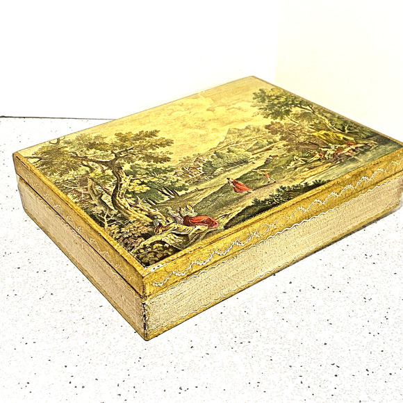 Vintage Italian Florentine Wooden Box Gilded Gold Green Red Wood Storage Case - Picture 1 of 12